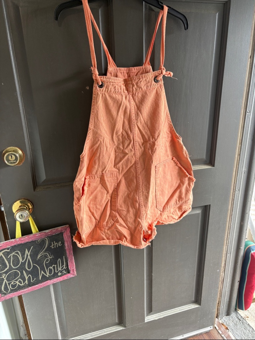 Coral Orange Linen-Blend Romper Overalls